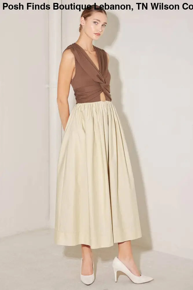 Brown Tan Solid Midi Dress - Women > Dresses