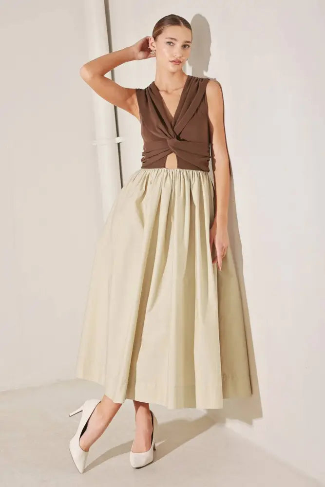 Brown Tan Solid Midi Dress - Women > Dresses