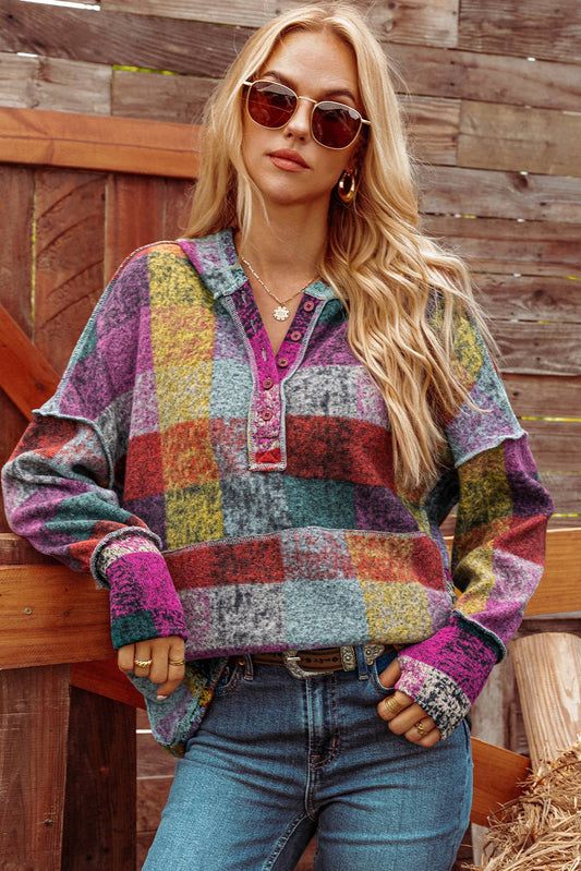 Brushed Colorful Plaid Buttoned Pullover Oversized Hoodie - Posh Finds
