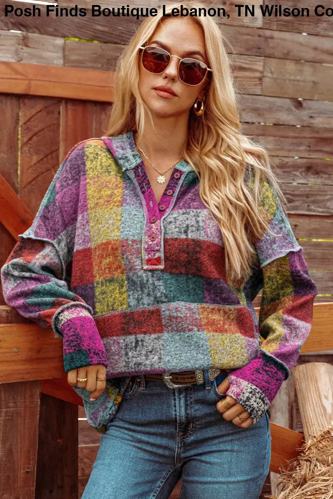 Brushed Colorful Plaid Buttoned Pullover Oversized Hoodie - Posh Finds