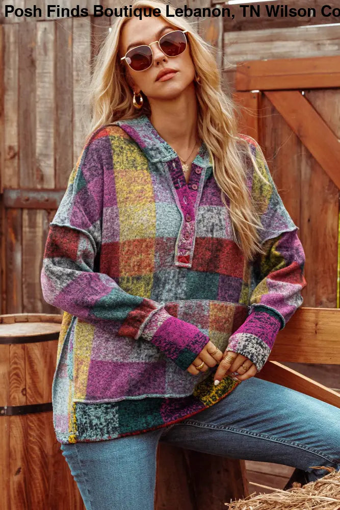 Brushed Colorful Plaid Buttoned Pullover Oversized Hoodie - Posh Finds