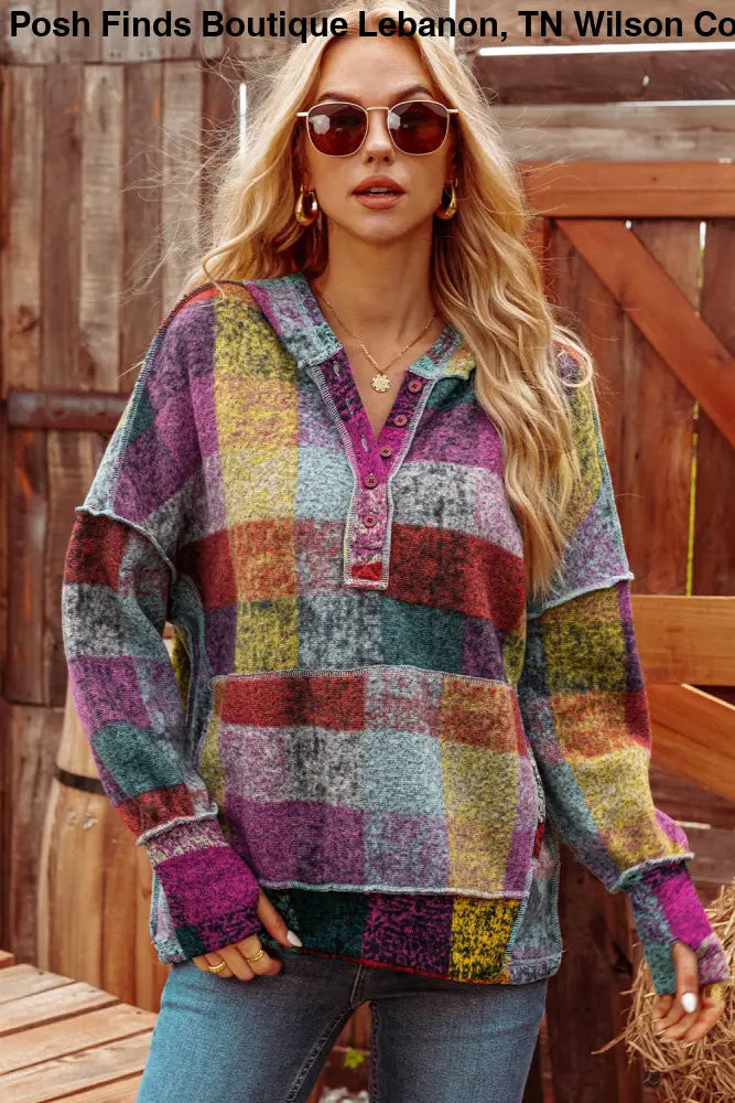 Brushed Colorful Plaid Buttoned Pullover Oversized Hoodie - Posh Finds