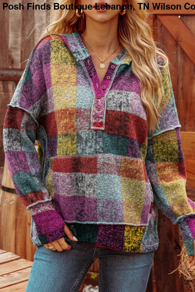 Brushed Colorful Plaid Buttoned Pullover Oversized Hoodie - Posh Finds