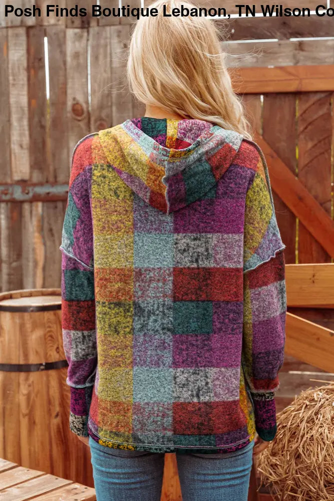 Brushed Colorful Plaid Buttoned Pullover Oversized Hoodie - Posh Finds
