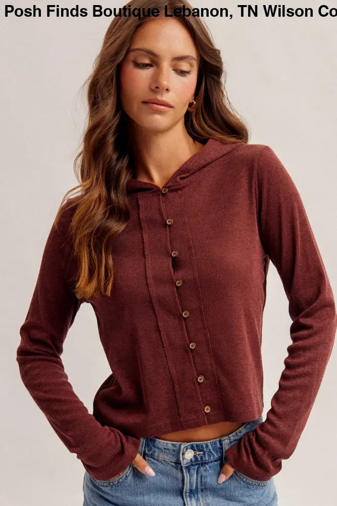 Button Down Hooded Cardigan Wine - Top