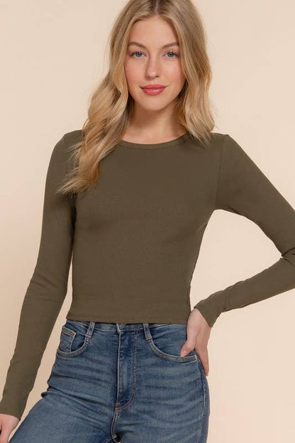 Long Sleeve Round Neck Cotton Span Rib Tee: MUSHROOM