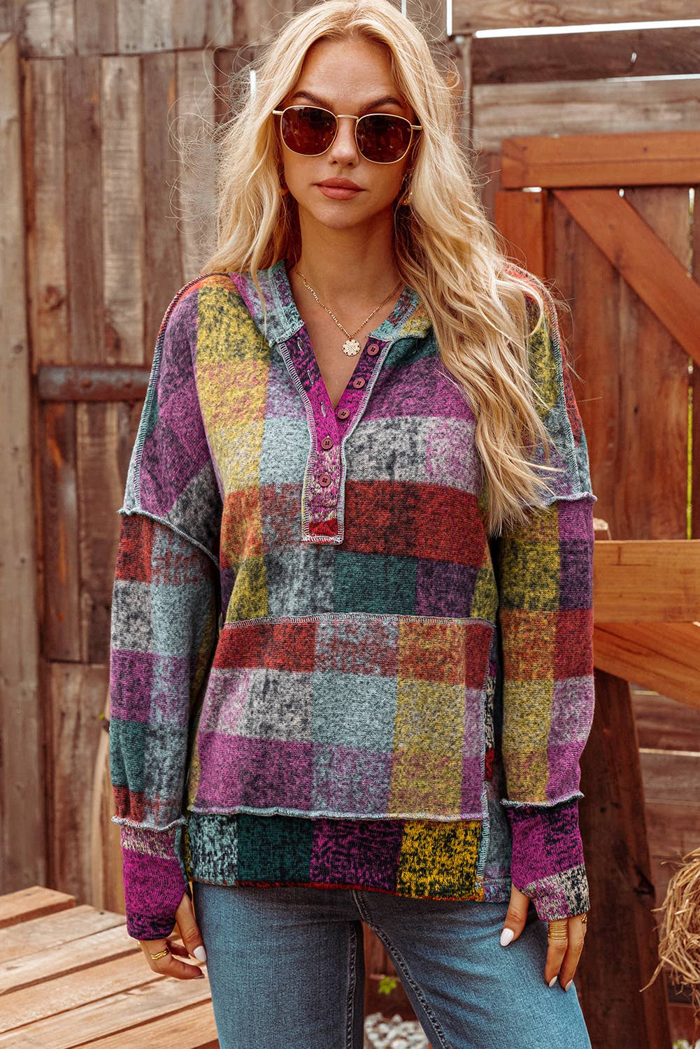 Brushed Colorful Plaid Buttoned Pullover Oversized Hoodie