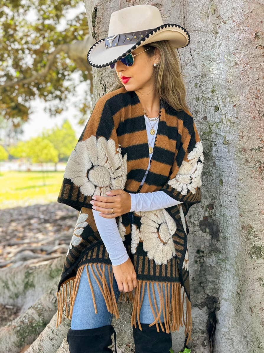 Brown Western Boho 3D Floral Fringe Ruana Cardigan: Brown / One Size