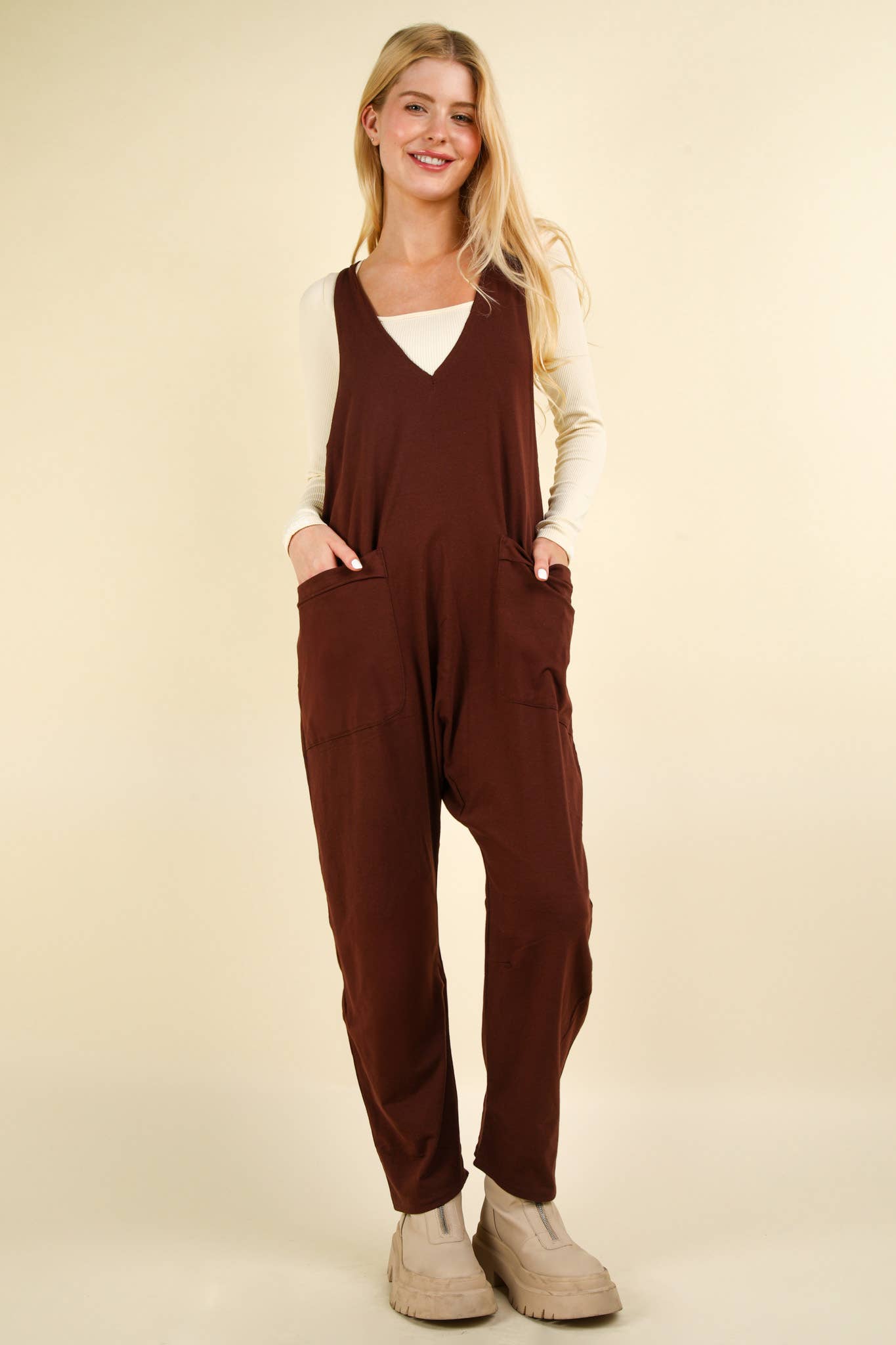 NP70424-Casual Loose Fit Solid Knit Baggy Jumpsuit: BRICK / S-M-L/2-2-2