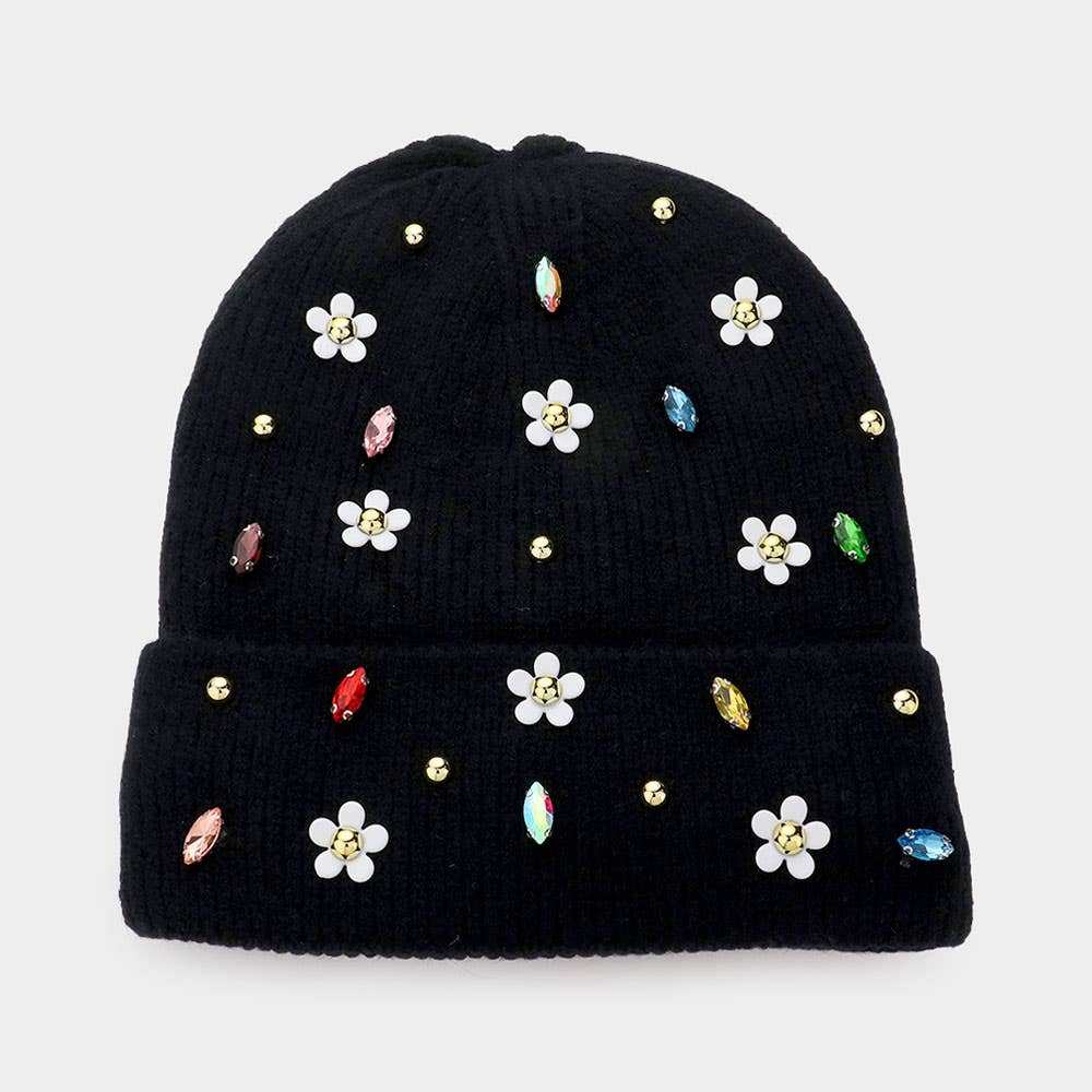 Fleece Lining Daisy Flower Stone Solid Knit Beanie Hat: White