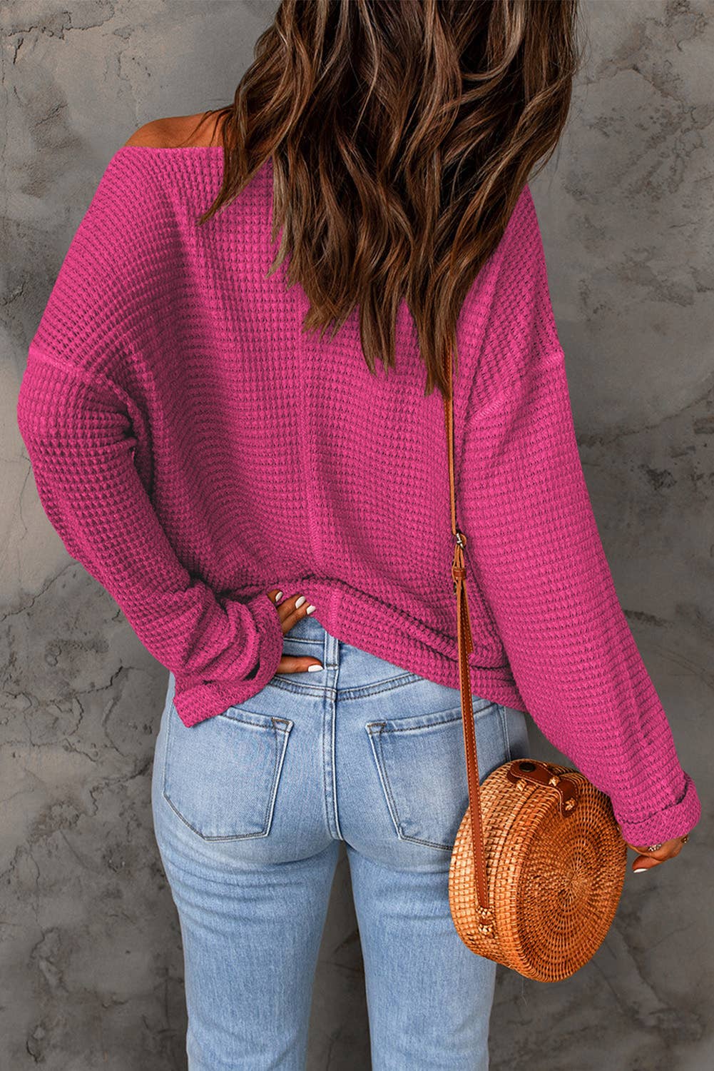 Waffle Knit Loose Long Sleeve Top: Apricot Pink