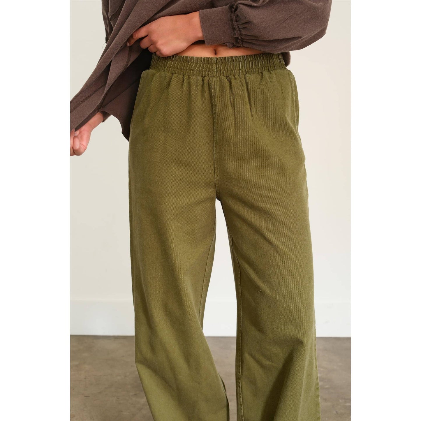 ELASTIC HIGH WAIST WIDE LEG PANTS: MOSS