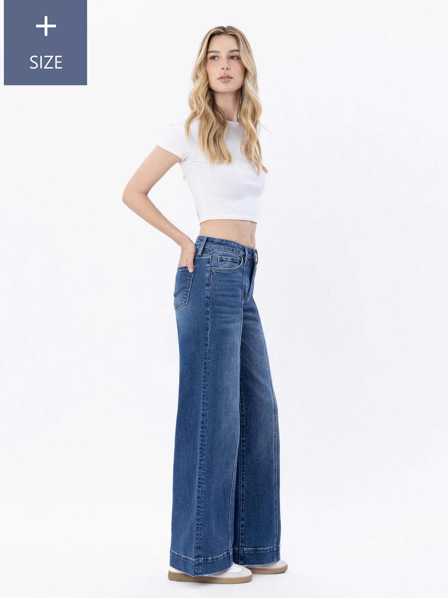 PLUS SIZE HIGH RISE TROUSER HEM WIDE LEG JEANS