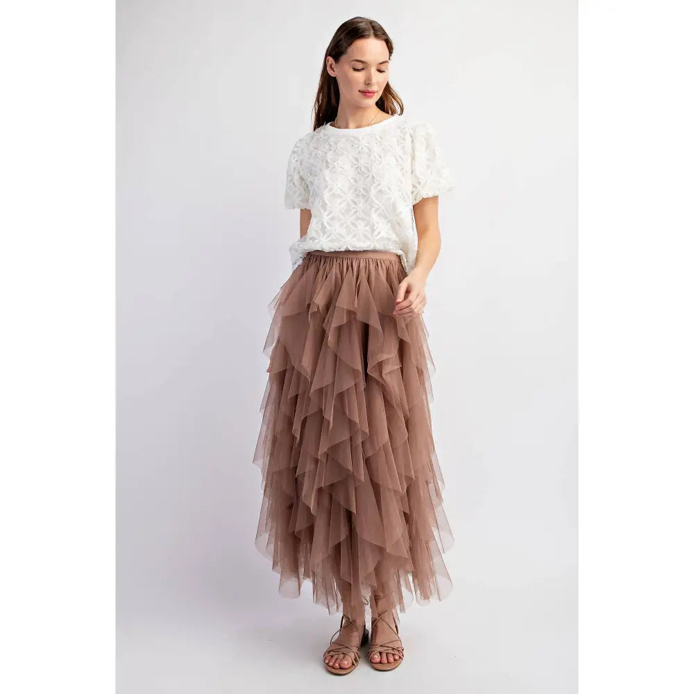 CASCADING TULLE MESH LAYERED MAX SKIRT: Mocha - Posh Finds