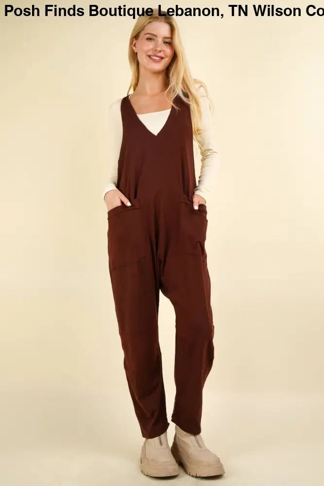 Casual Loose Fit Solid Knit Baggy Jumpsuit: BRICK - Posh Finds
