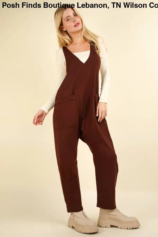 Casual Loose Fit Solid Knit Baggy Jumpsuit: BRICK - Posh Finds