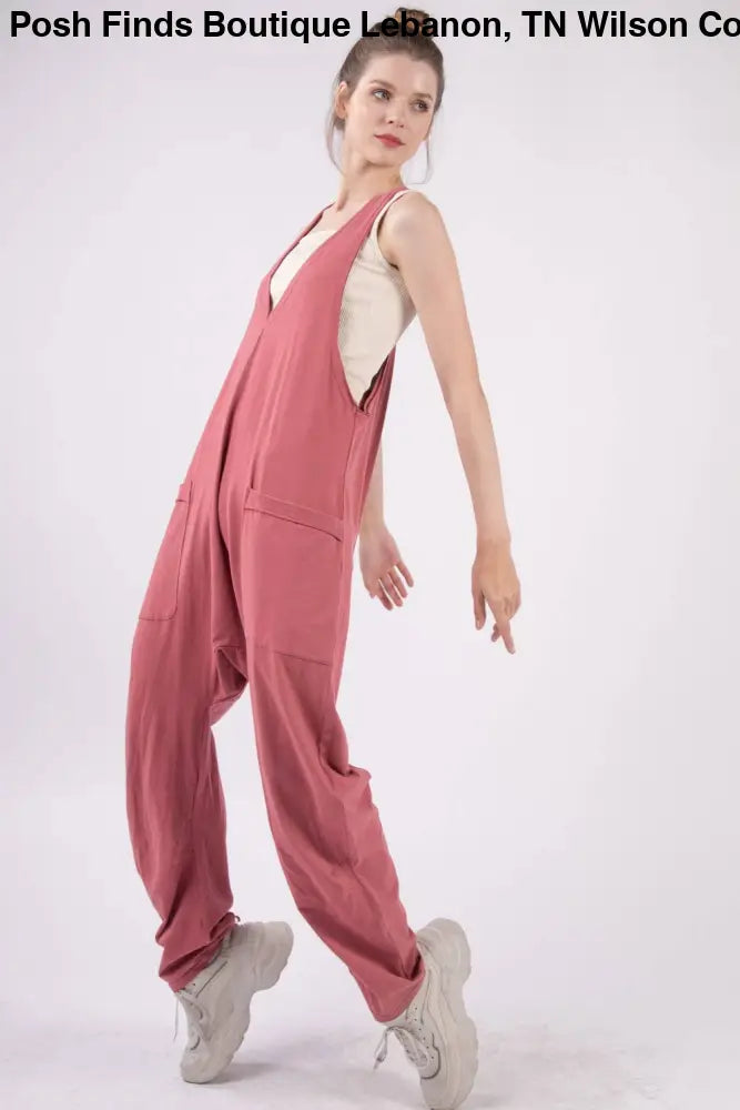 Casual Loose Fit Solid Knit Baggy Jumpsuit: BRICK - Posh Finds