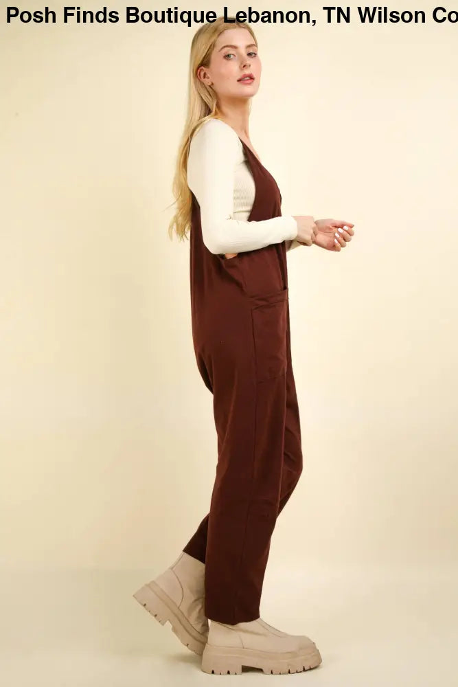 Casual Loose Fit Solid Knit Baggy Jumpsuit: BRICK - Posh Finds