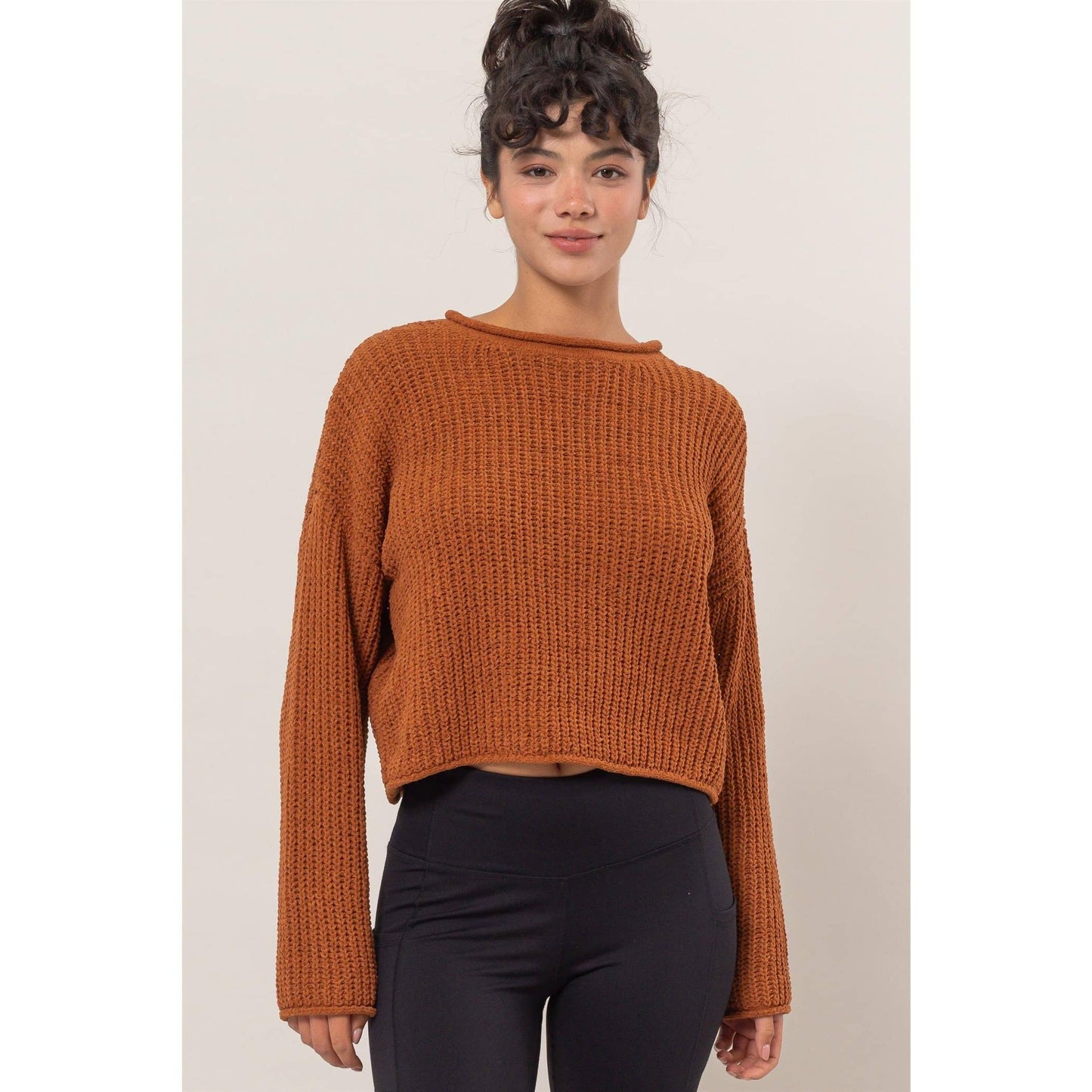 Rolled Edge Sweater: CHOCOLATE