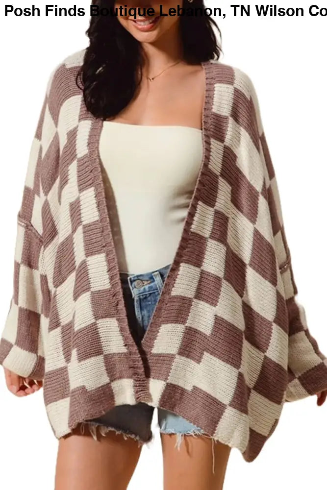 Check Plaid Oversized Sweater Cardigan: MOCHA/IVORY - Posh Finds