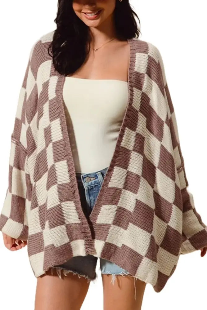 Check Plaid Oversized Sweater Cardigan: MOCHA/IVORY - Posh Finds