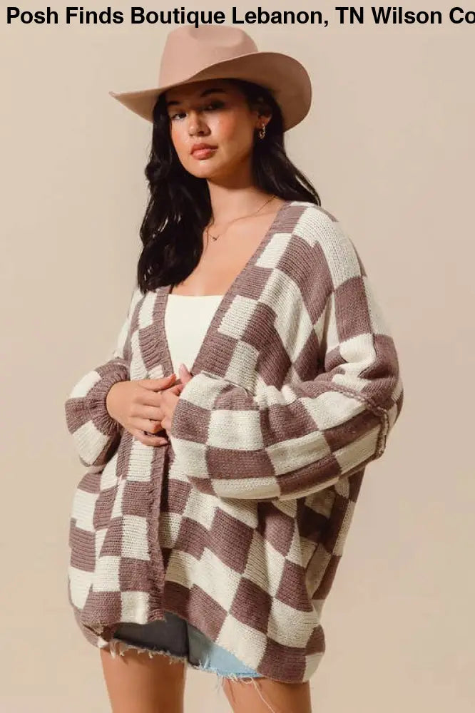 Check Plaid Oversized Sweater Cardigan: MOCHA/IVORY - Posh Finds