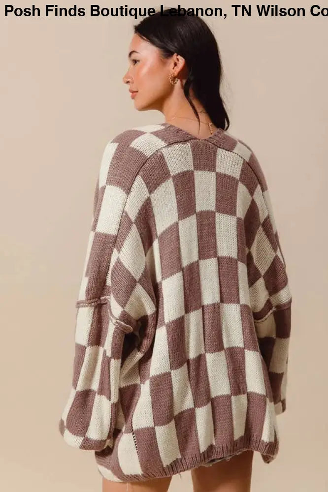 Check Plaid Oversized Sweater Cardigan: MOCHA/IVORY - Posh Finds