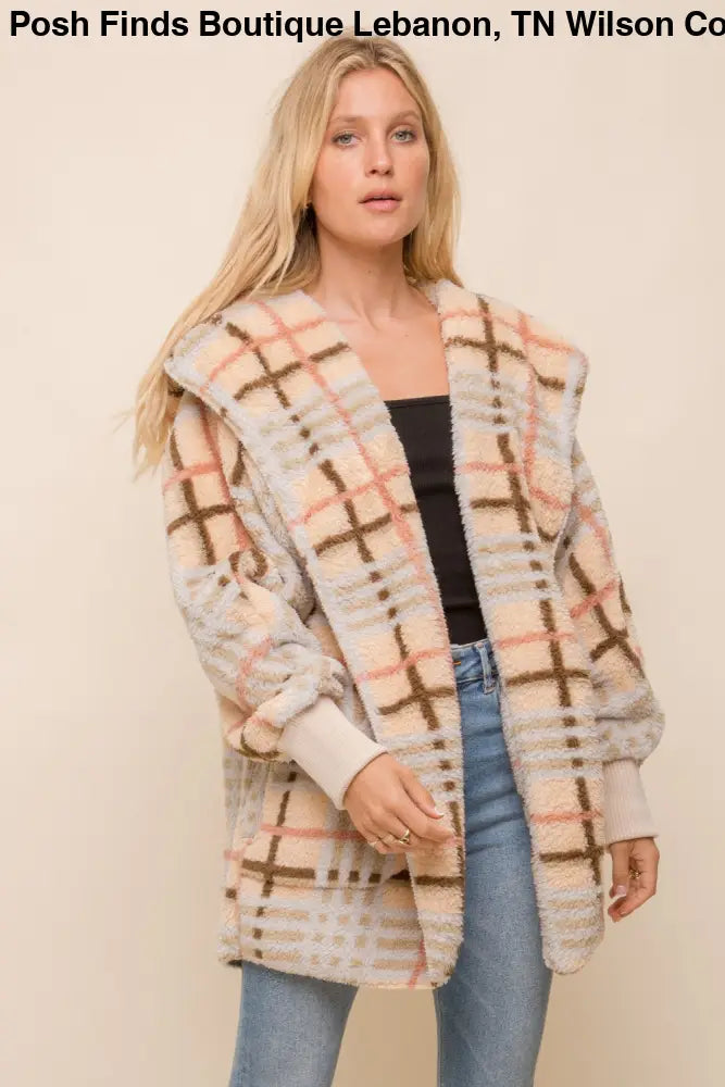 Checked Fur Oversized Hoodie Jacket Cream Mix - Women > Outerwear