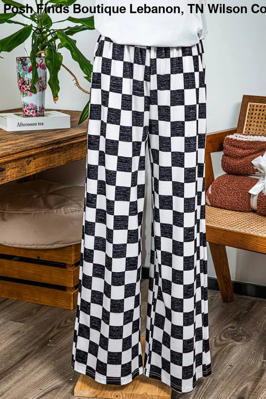 Checked Print High Waist Wide Leg Pants: Black - Posh Finds