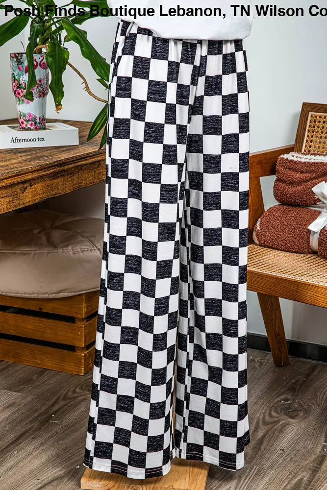 Checked Print High Waist Wide Leg Pants: Black - Posh Finds