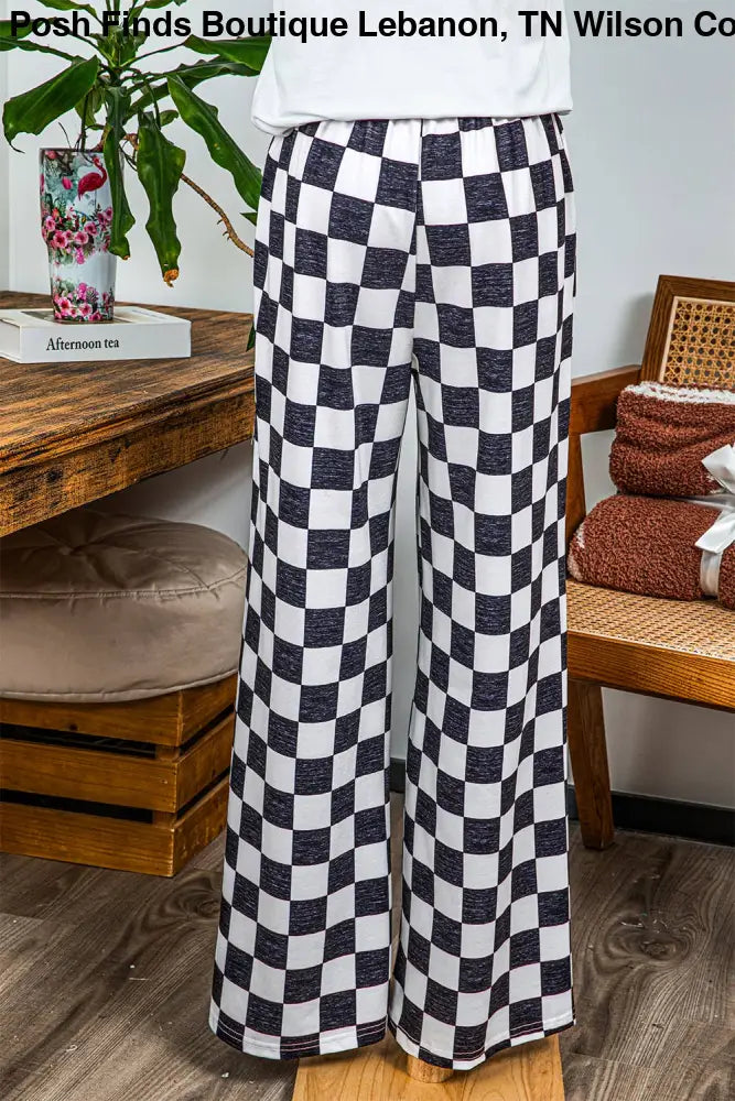Checked Print High Waist Wide Leg Pants: Black - Posh Finds