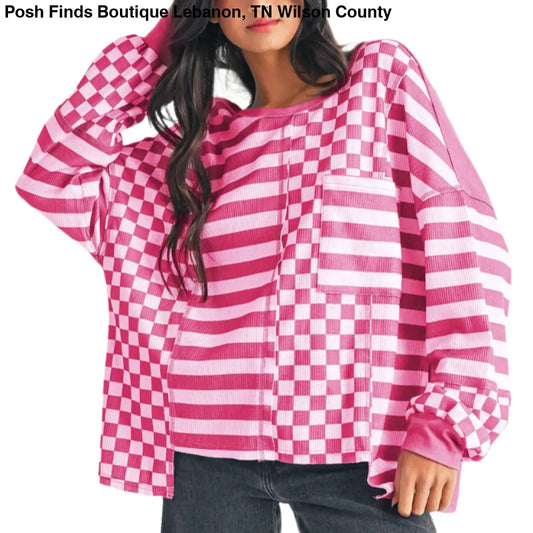 Checkerboard Striped Patchwork Lantern Sleeve Blouse: Rose Red - Posh Finds