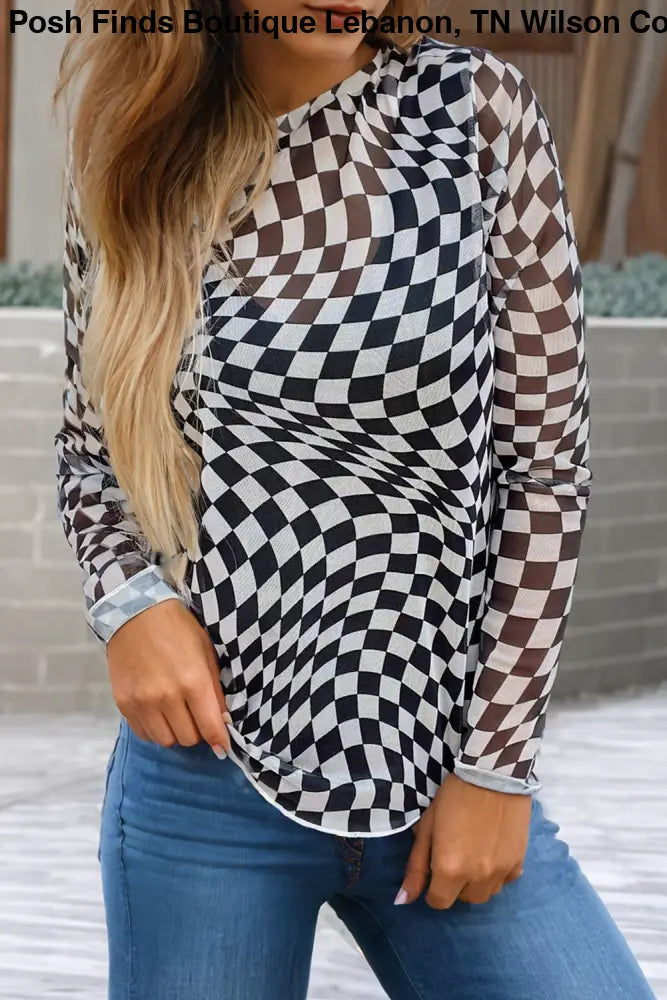 Checkered Pattern Mesh Mock Neck Long Sleeve Top: Black - Posh Finds