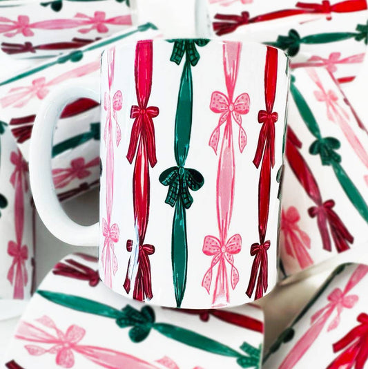 Christmas Bow Ribbon Ceramic Coffee Mug 11 oz. - Posh Finds
