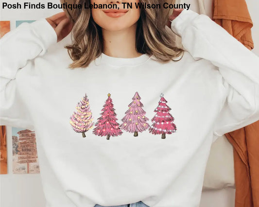 Christmas Sweatshirt Pink Xmas Trees Holiday Sweater in Sand - Posh Finds