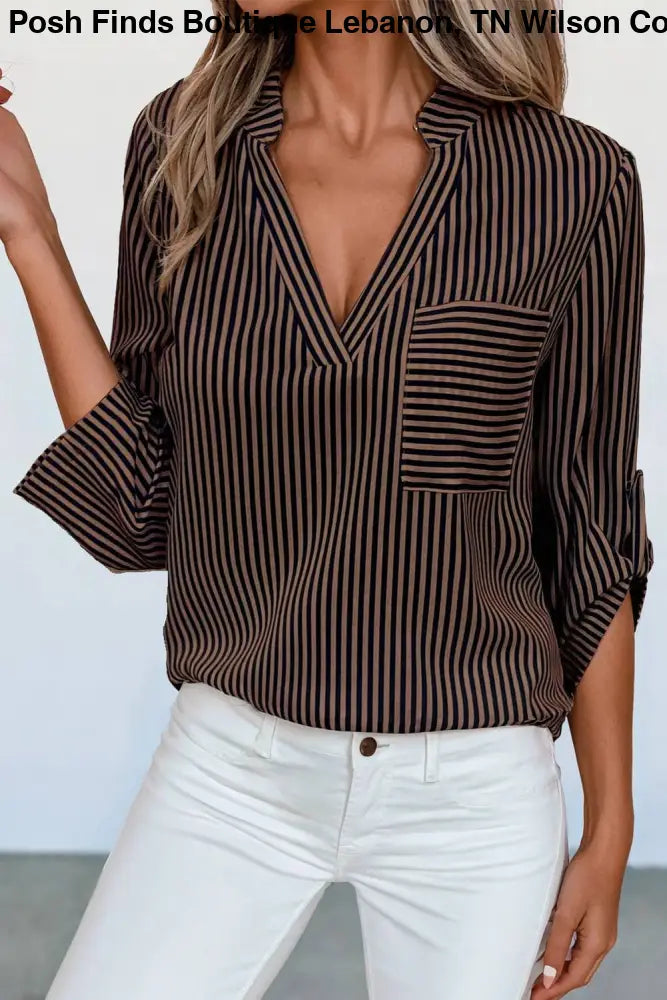 Classic Stripe V Neck Chest Pocket Shirt - Posh Finds