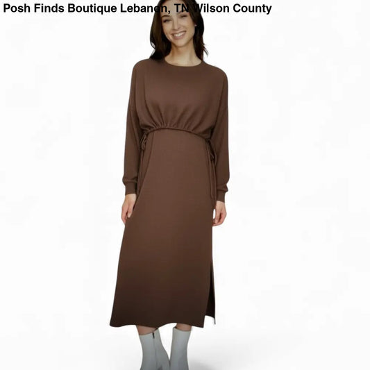 Cloudy Knit Round Neck Cinched Tee Dress Brown - Posh Finds