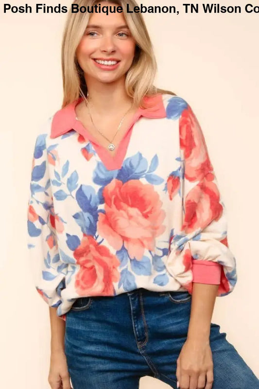 Color Block Drop Shoulder Floral Knit Top: IVORY/ROSE - Posh Finds