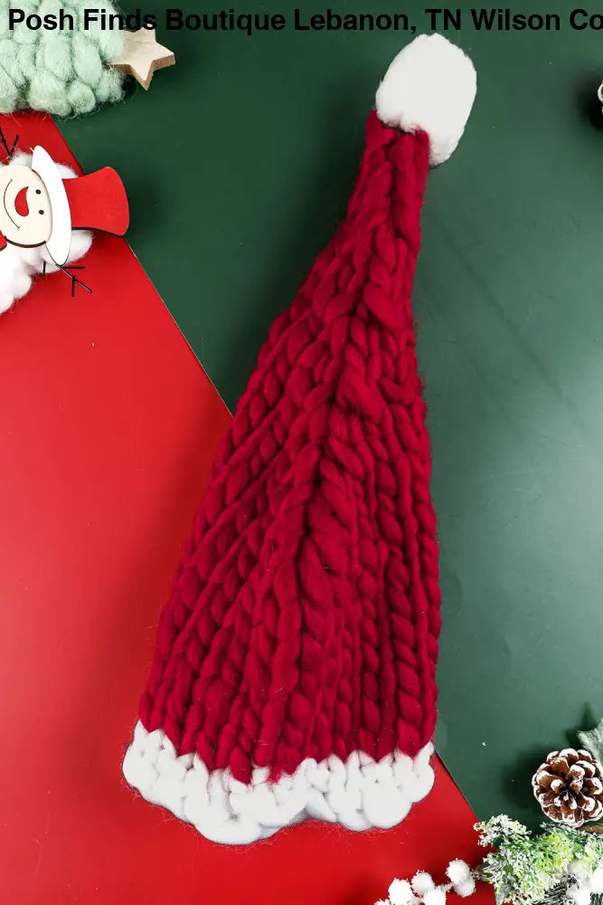 Color Block Pom Pom Decor Chunky Knitted Christmas Hat: Red Dahlia / ONE SIZE - Posh Finds