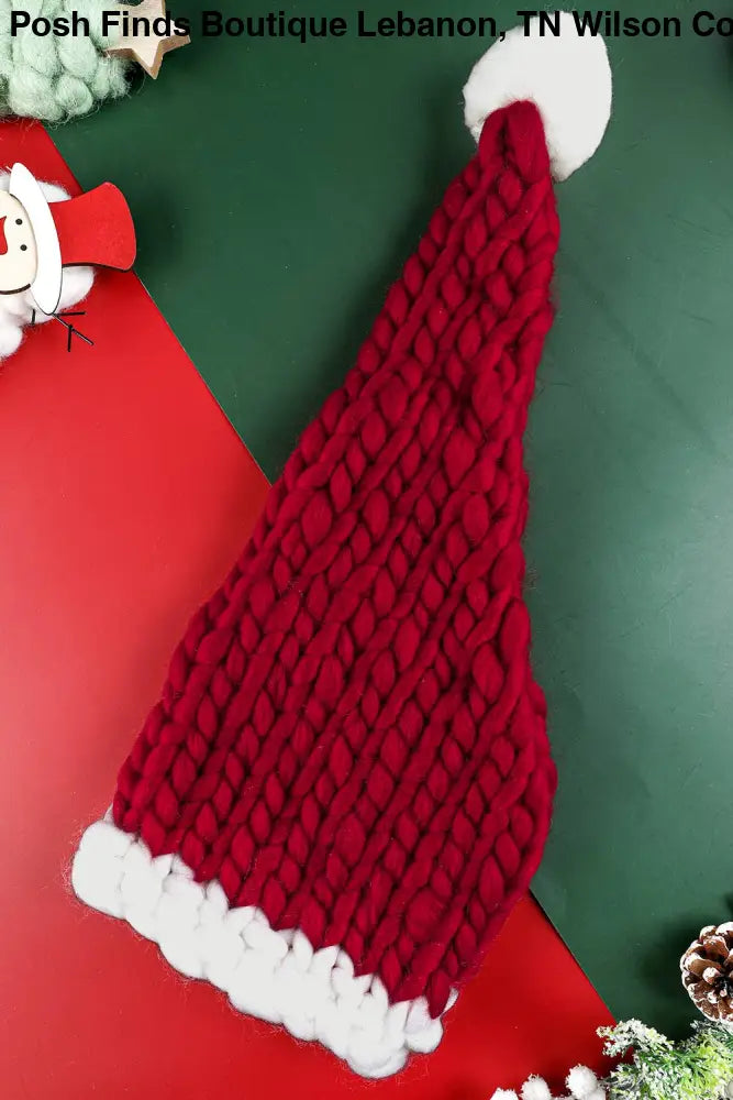 Color Block Pom Pom Decor Chunky Knitted Christmas Hat: Red Dahlia / ONE SIZE - Posh Finds