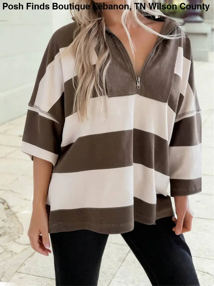 Color Block Zip Collar 3/4 Sleeve Oversize Sweatshirt - Posh Finds