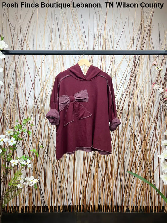 Comfort Bow Decoration Stitched Wide Hoodie: Bordeaux - Posh Finds