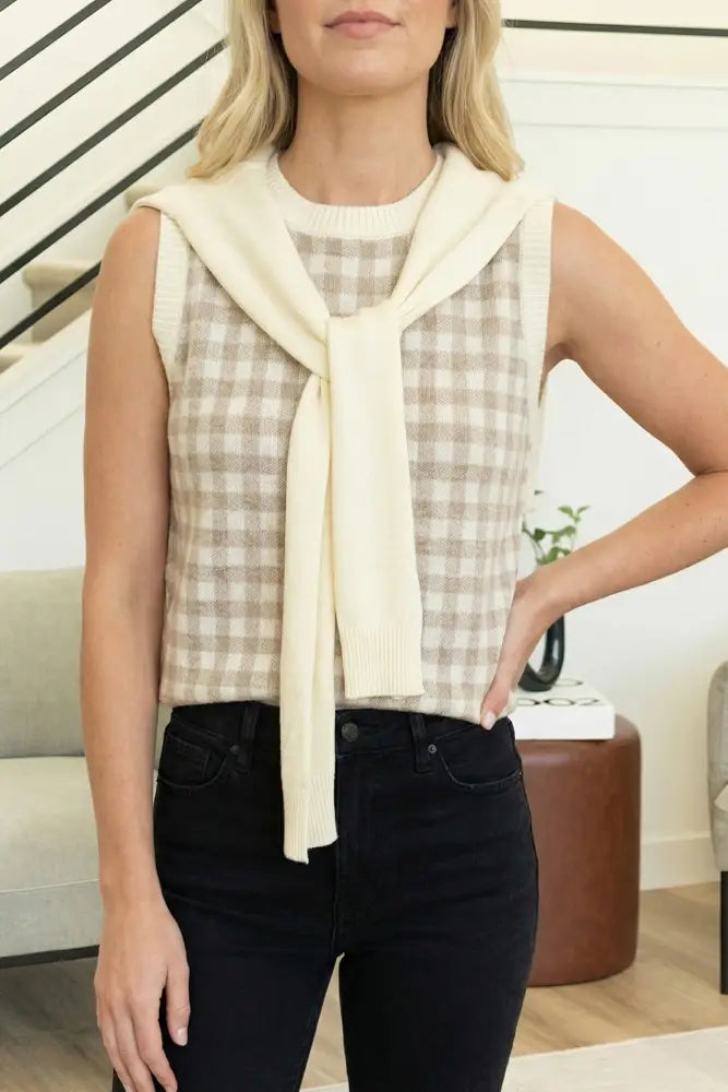 Contrast Knot Gingham Plaid Sweater Tank Top - Women > Tops