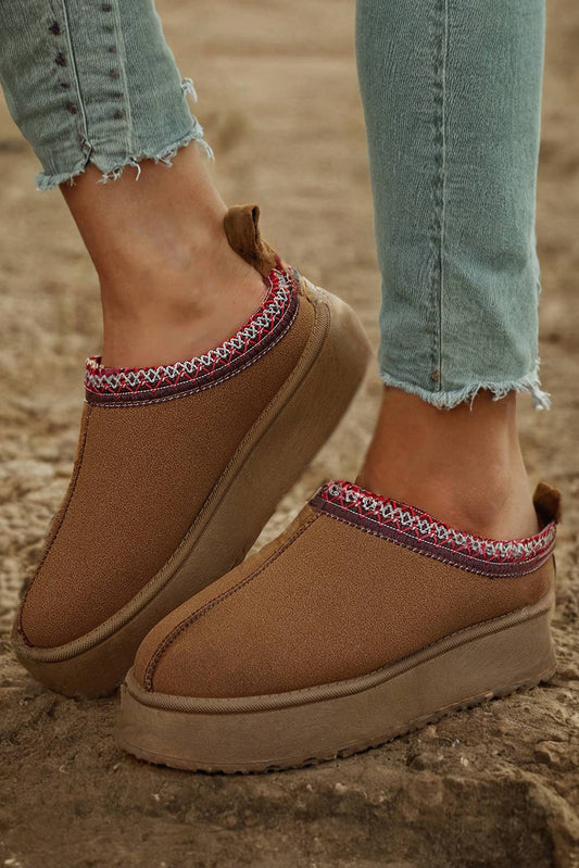 Contrast Print Suede Plush Lined Slide Boots: Chestnut - Posh Finds