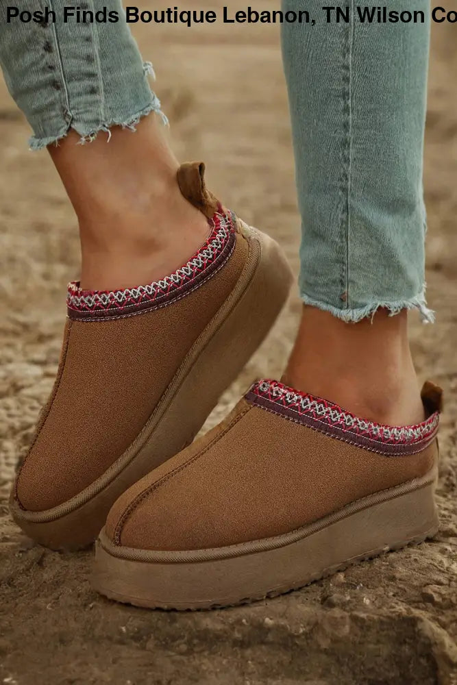 Contrast Print Suede Plush Lined Slide Boots: Chestnut - Posh Finds