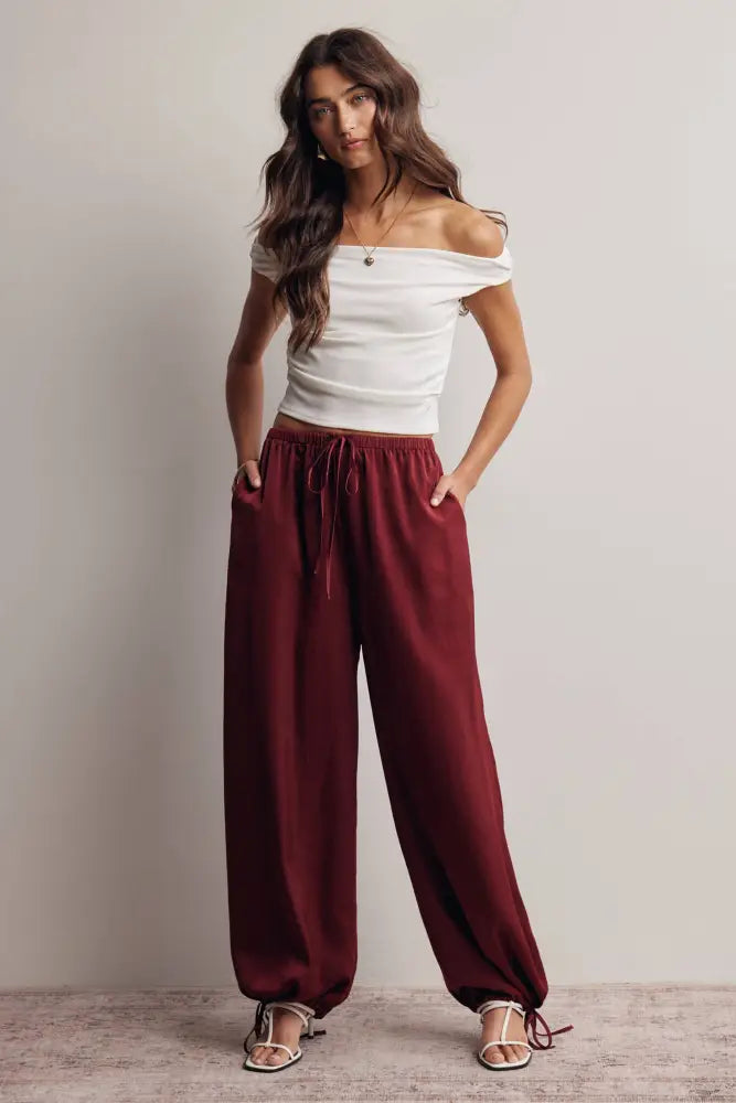 Convertible Wide Leg Tie Hem Pants FP0022: Burgundy / Contemporary / M
