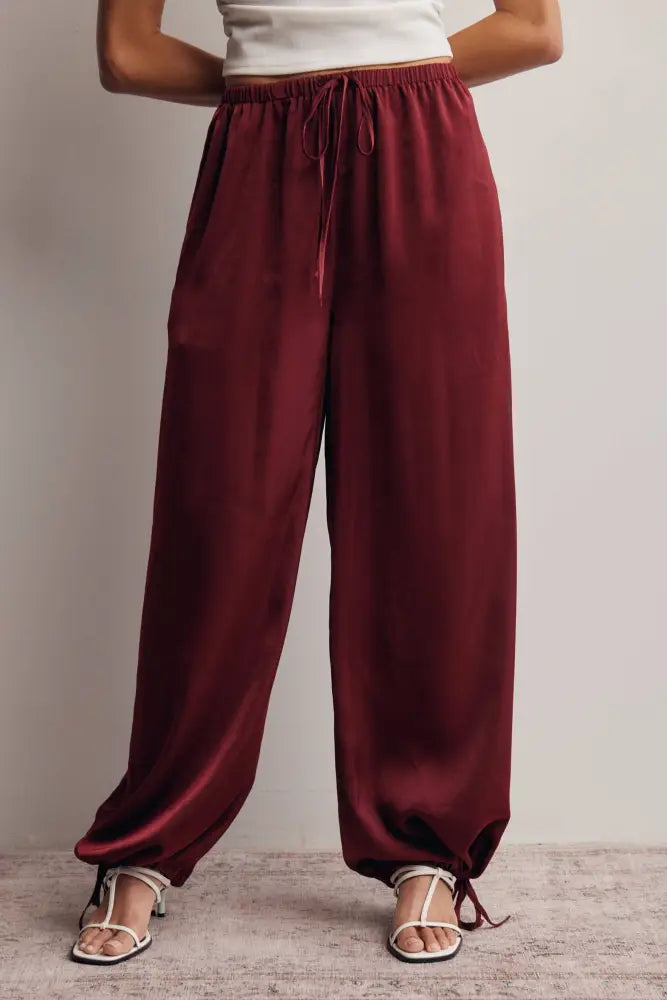 Convertible Wide Leg Tie Hem Pants FP0022: Burgundy / Contemporary / S