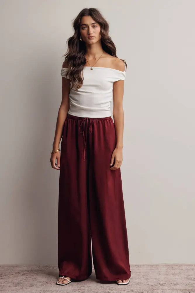 Convertible Wide Leg Tie Hem Pants FP0022: Burgundy / Contemporary / S