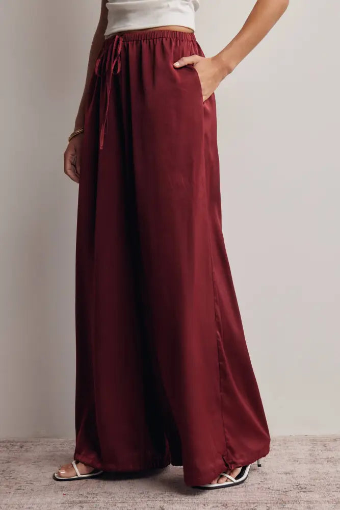 Convertible Wide Leg Tie Hem Pants FP0022: Burgundy / Contemporary / S