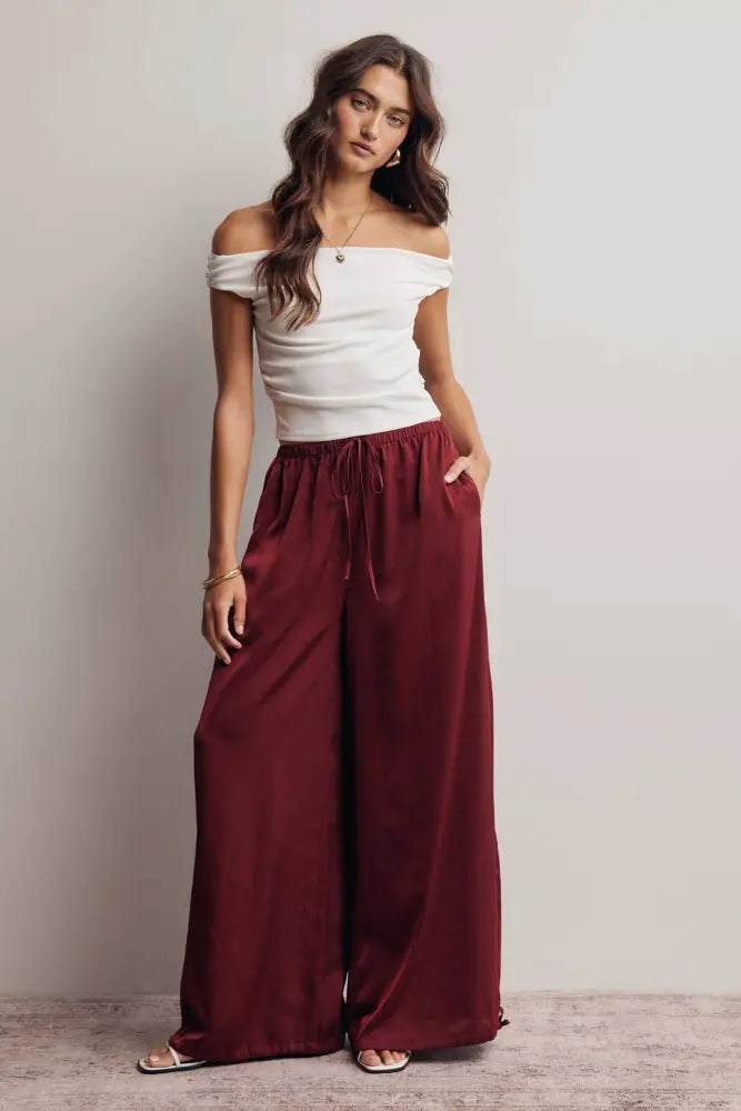 Convertible Wide Leg Tie Hem Pants FP0022: Burgundy / Contemporary / S